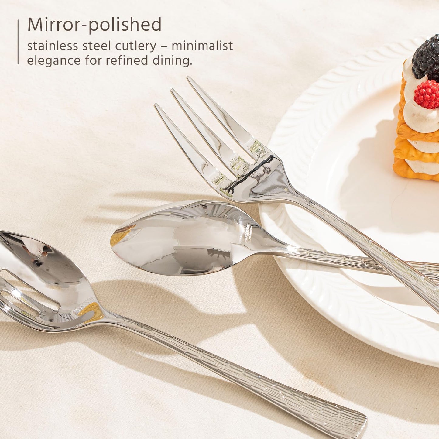 KINGSTONE Hammered 8-Piece Serving Utensil Set, 18/10 Stainless Steel Flatware for Catering, Party Include Spoons, Slotted Spoon, Fork, Butter Knife - Mirror Finish & Dishwasher Safe