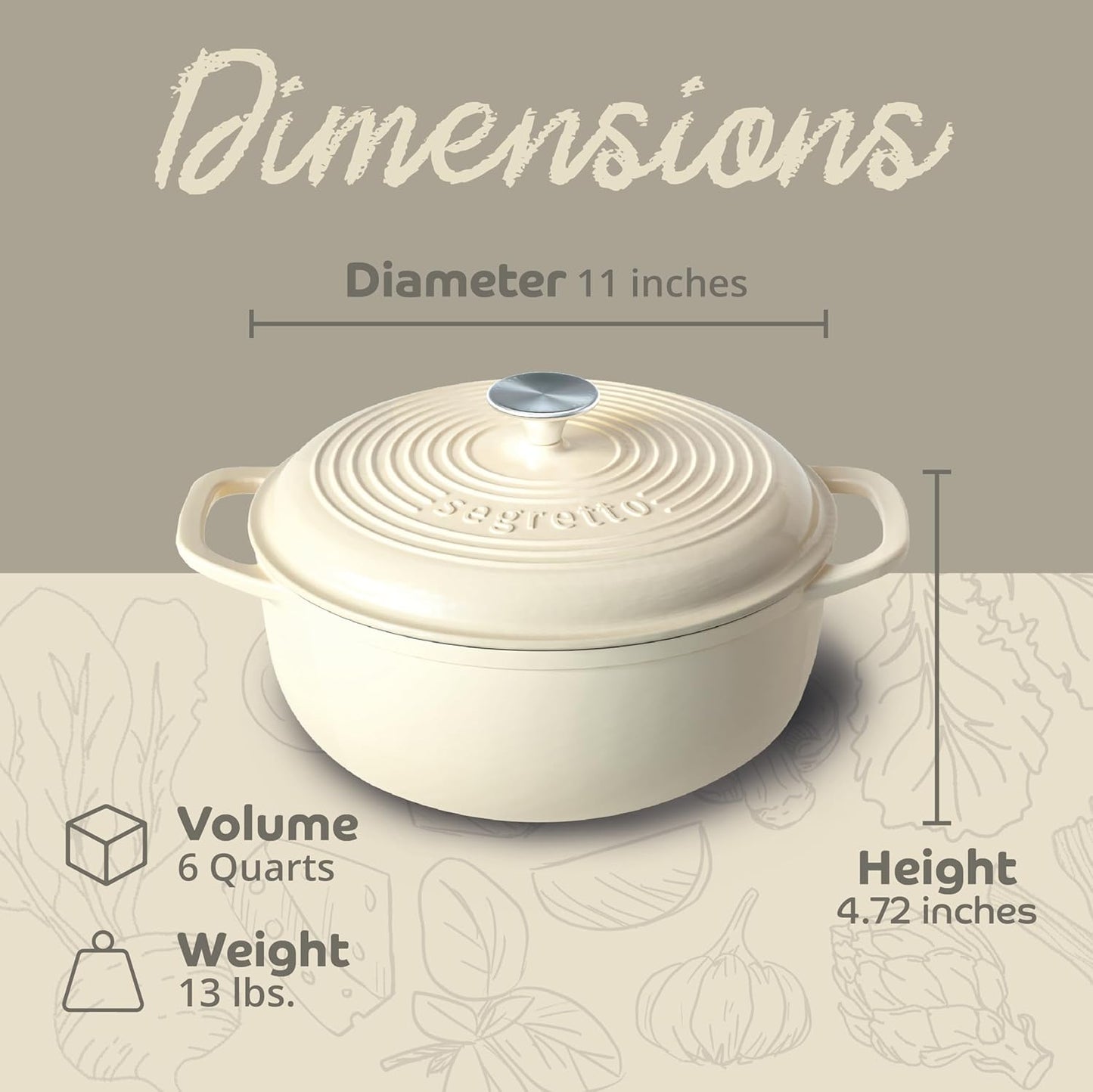 Segretto Cookware Enameled Cast Iron Dutch Oven, 6 Quarts, White