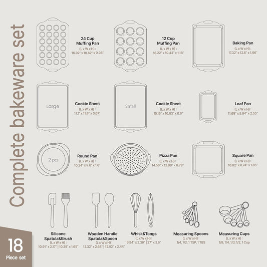 18-Piece Kitchen Oven Baking Set: Nonstick Gray Marble Coating, Carbon Steel Bakeware, Silicone Handles, Dishwasher Safe, Professional Quality, PFOA-Free