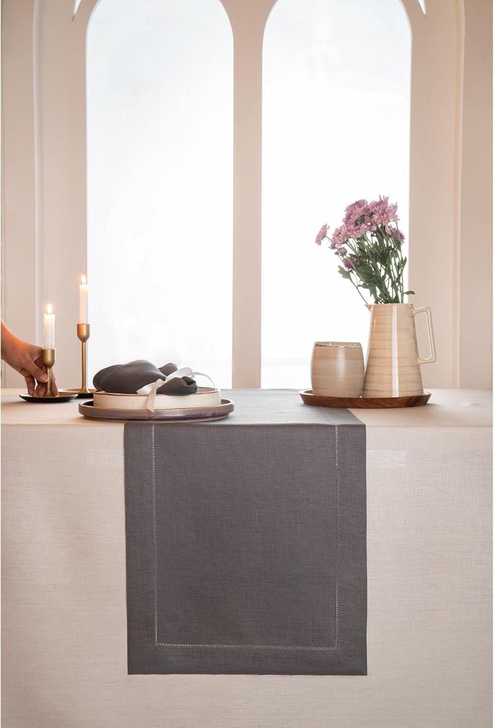 D'Moksha Homes Linen Charcoal Grey Table Runner 72 Inches Long - 100% Pure Linen Hemstitch Table Runner 14 x 72 Inch for Dresser, Dining, Fall, Autumn and Halloween - Classic Hemstitch