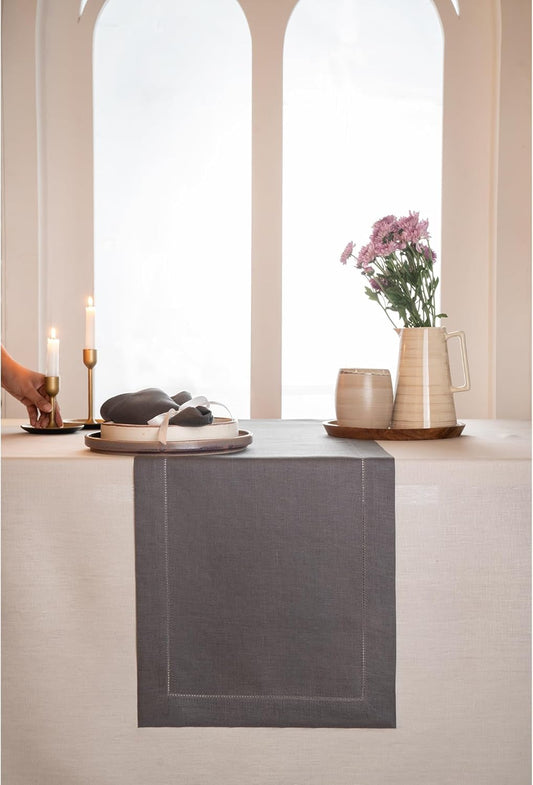 D'Moksha Homes Linen Charcoal Grey Table Runner 90 Inches Long - Classic Hemstitch 100% Pure Linen Dining Table Runner 14 x 90 Inch for Fall, Autumn and Halloween