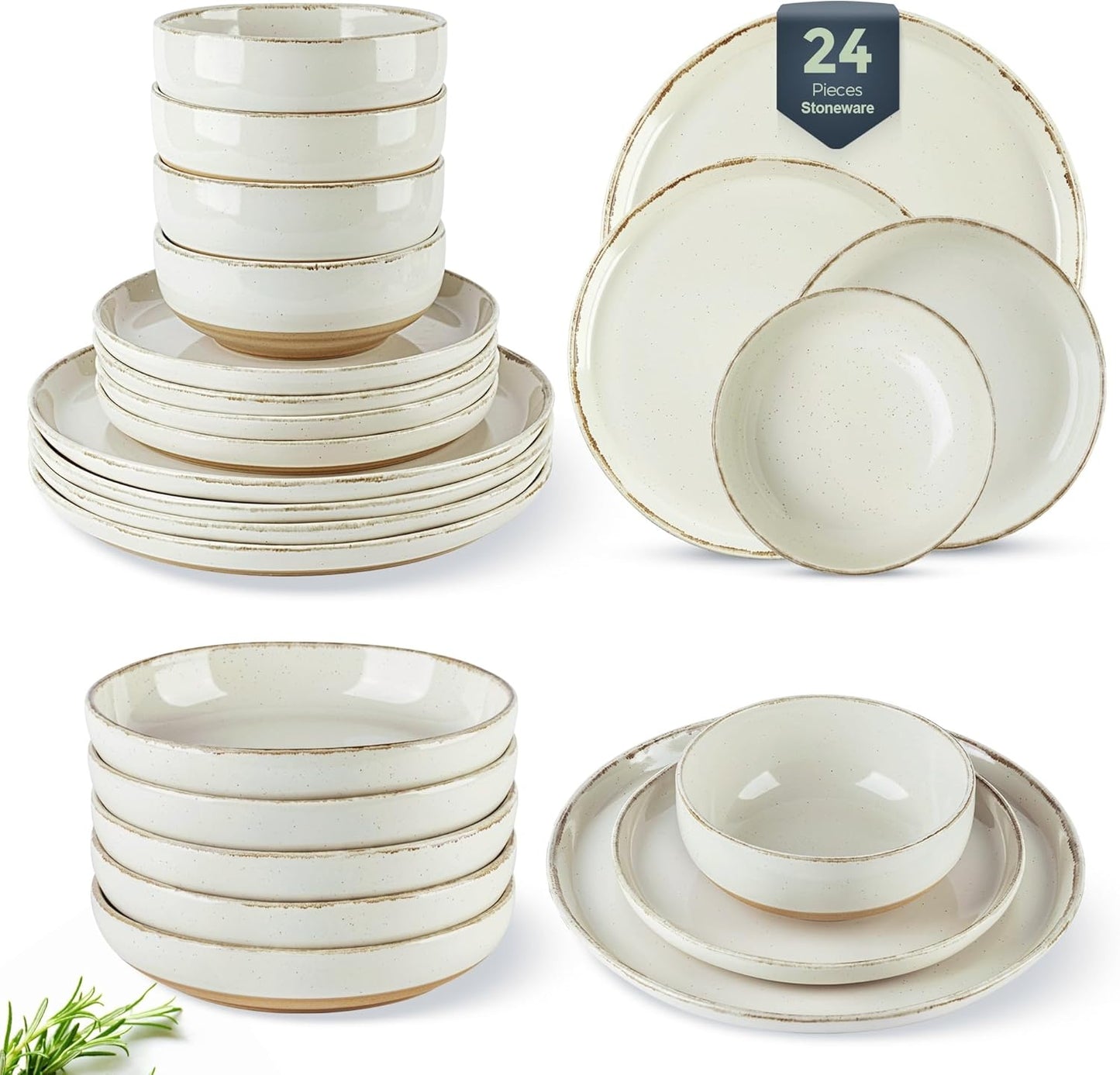 AmorArc Ceramic Dinnerware Sets with Pasta Bowls for 6, Handpainted Plates and Bowls Set with Rustic Terracotta Underside, Scratch Resistant Dishes Set, Dishwasher & Microwave Safe, 24 Pcs