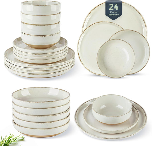 AmorArc Ceramic Dinnerware Sets with Pasta Bowls for 6, Handpainted Plates and Bowls Set with Rustic Terracotta Underside, Scratch Resistant Dishes Set, Dishwasher & Microwave Safe, 24 Pcs