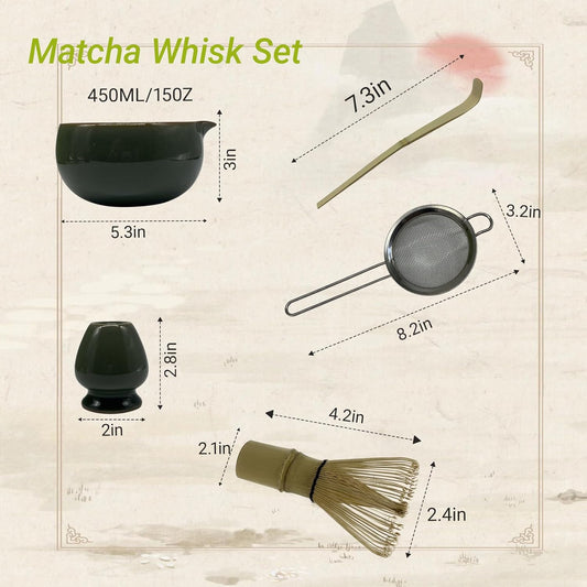 Matcha Whisk Set – 5 Pcs Matcha Set Whisk and Bowl with Spout, Bamboo Scoop, Sifter & Holder – Ru Kiln Matcha Bowl Japanese Tea Kit for Gifts, Home Use & Ceremonial Rituals (green)