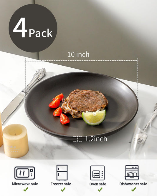 Stoneware Dinner Plates, 10 Inch Serving Dishes Set of 4 for Kitchen, Ceramic Dinnerware Dishes for Steak, Pancakes, Scratch Resistant Plate Set, Microwave & Dishwasher Safe, Matte Black