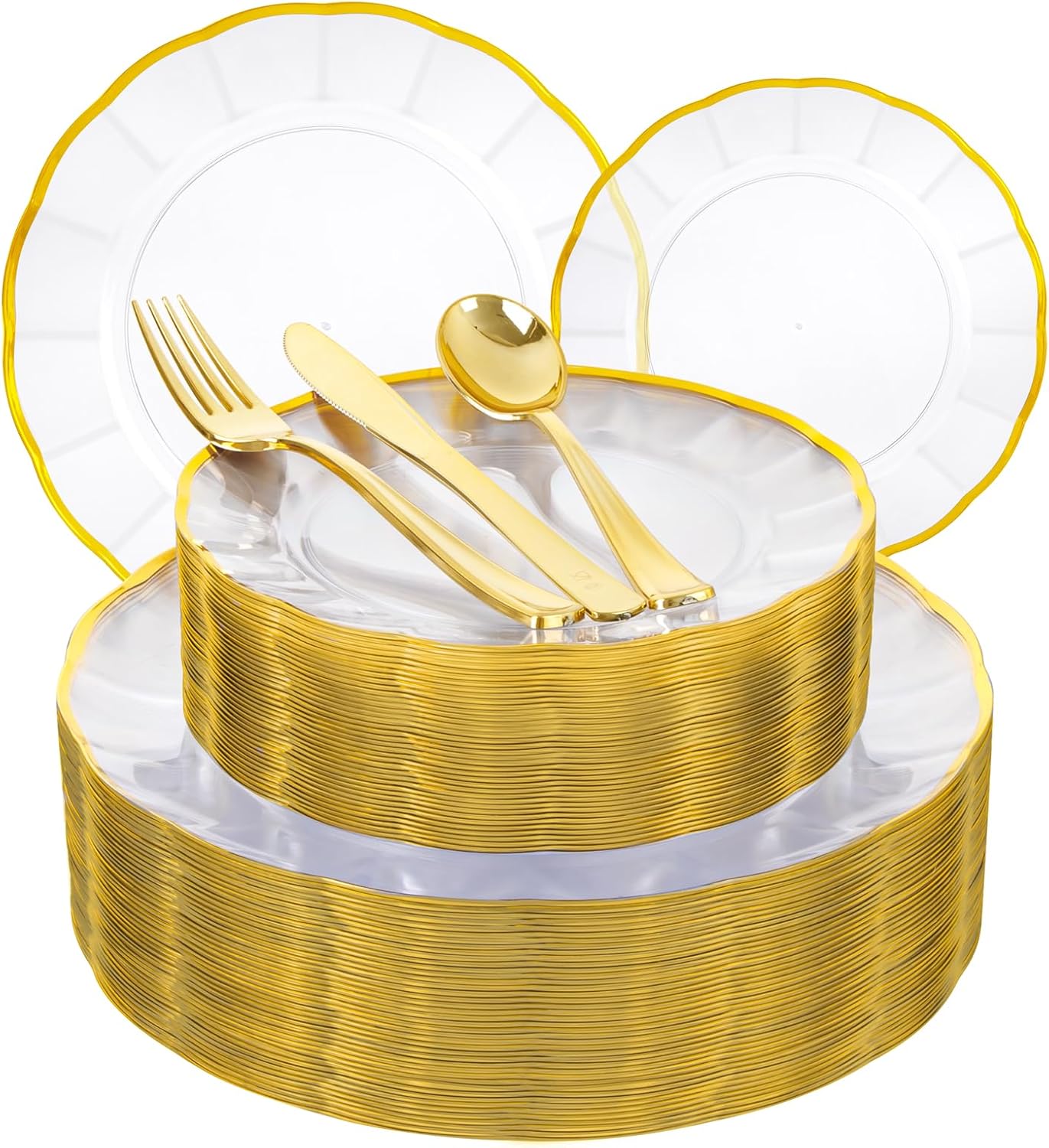 EI 150pcs Clear Plastic Plates with Gold Plastic Silverware,Disposable Plate Heavy Duty,Clear and Gold Dinnerware Set,Elegant Plates for Party,Wedding,Afternoon Tea,Birthday