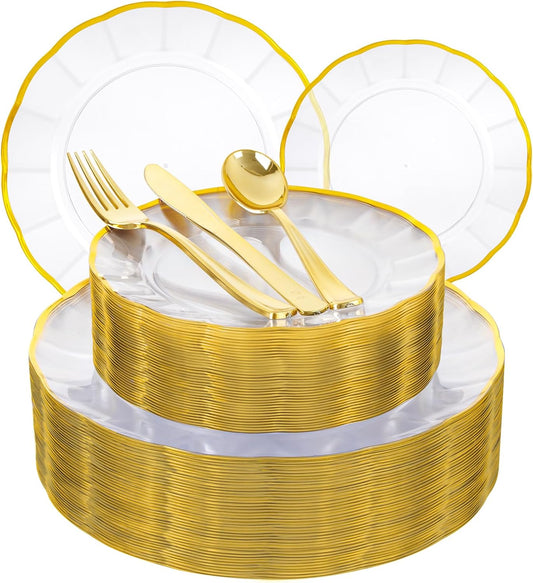 EI 150pcs Clear Plastic Plates with Gold Plastic Silverware,Disposable Plate Heavy Duty,Clear and Gold Dinnerware Set,Elegant Plates for Party,Wedding,Afternoon Tea,Birthday