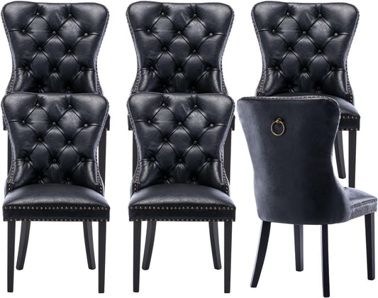 Black Leather Dining Chairs Set of 6 Mid Century Modern Tufted Chairs Armless Rubber Wood Vintage Furniture Chairs PU Upholstered Nailhead Side Chairs with Pull Ring for Kitchen/Cafe