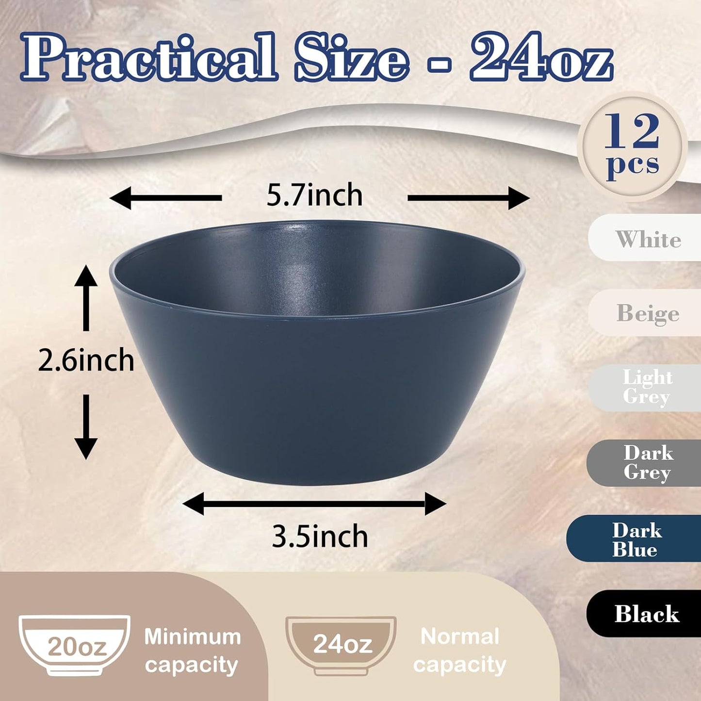 Supernal 12PCS Blue Wheat Straw Bowls - Durable Reusable Soup & Cereal Bowls, Hard Plastic Dinnerware with Smooth Edges,Disposable Plastic Bowls for Catering,Hot Food,Salad (Lightweight & Unbreakable)