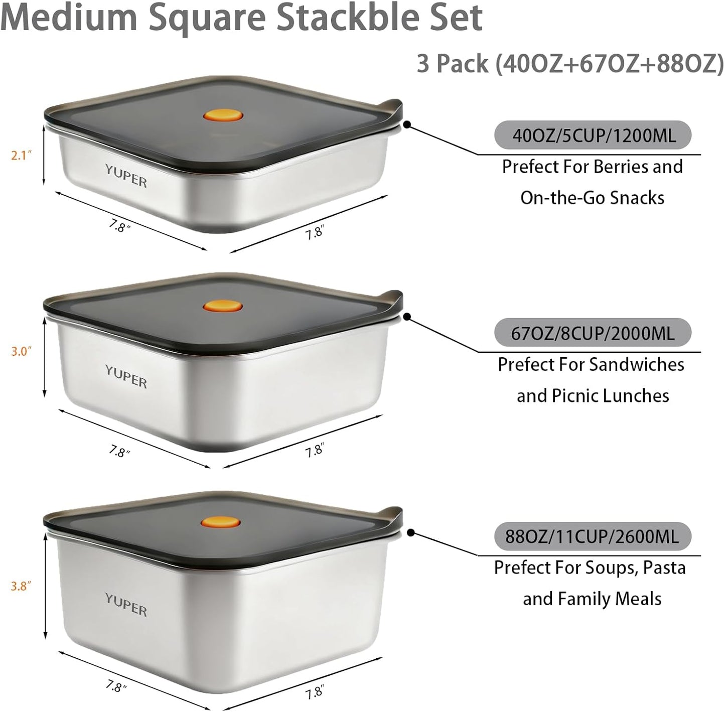 YUPER Stainless Steel Food Storage Containers, Meal Prep Container Sets with Lids, BPA Free, Leak Proof & Airtight, Microwave, Dishwasher, Fridge, Freezer & Oven Safe, 3 Pack (40+67+88OZ)