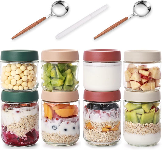 4pcs 10oz & 4pcs 16oz Overnight Oats Containers with 2pcs Spoon - 8 Pack Glass Storage Jars with Airtight Lids Wide Mouth Mason Food Jars for Meal Prep Salad Chia Puddirg Snacks Yogurt Sugar Spice