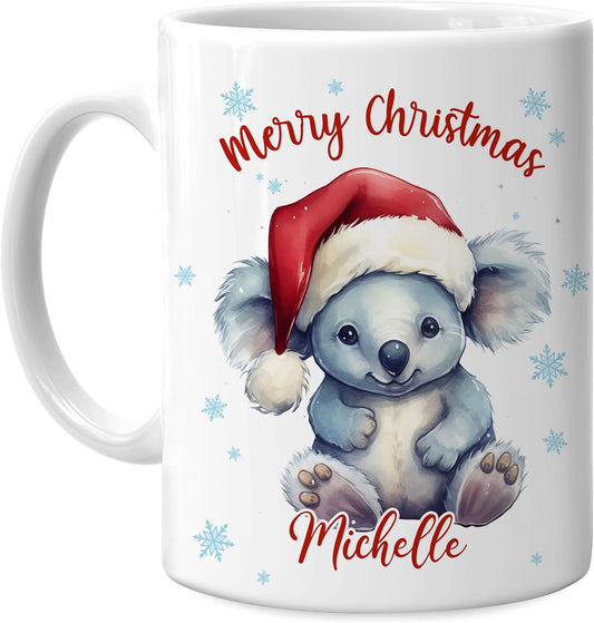Hyturtle Personalized Gifts Koala Lover - Koala Wearing Santa Hat Custom Name Ceramic Coffee Mug Cup 11oz - Cute Animal Lovers Gifts For Women, Girl kids Family On Birthday, Christmas