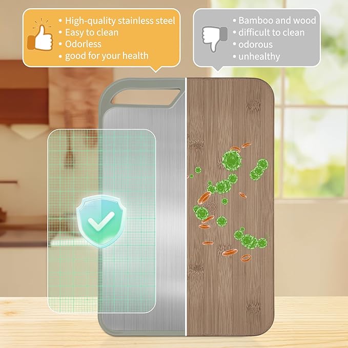 Stainless Steel Cutting Borad,Stainless Steel and Wheat Straw pp Double Sided Food Grade Cutting Boards for Kitchen,Easy to Clean 13.4 X 9 inch,Dishwasher Safe