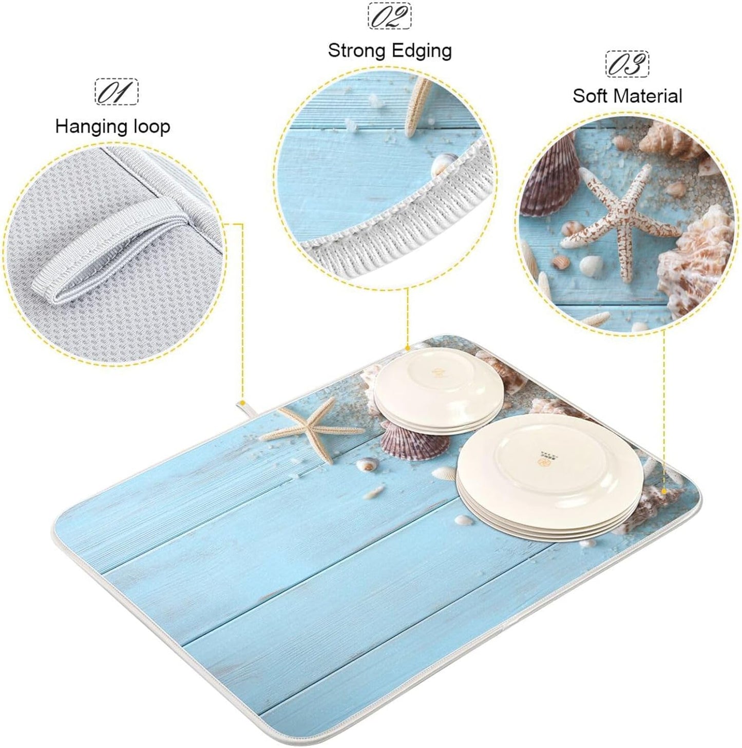 Blue Wooden Seashells and Starfish Dish Drying Mat for Kitchen Counter Super Absorbent Dishes Pad Reversible Microfiber Protector Dish Draining Mats 16x18 inch
