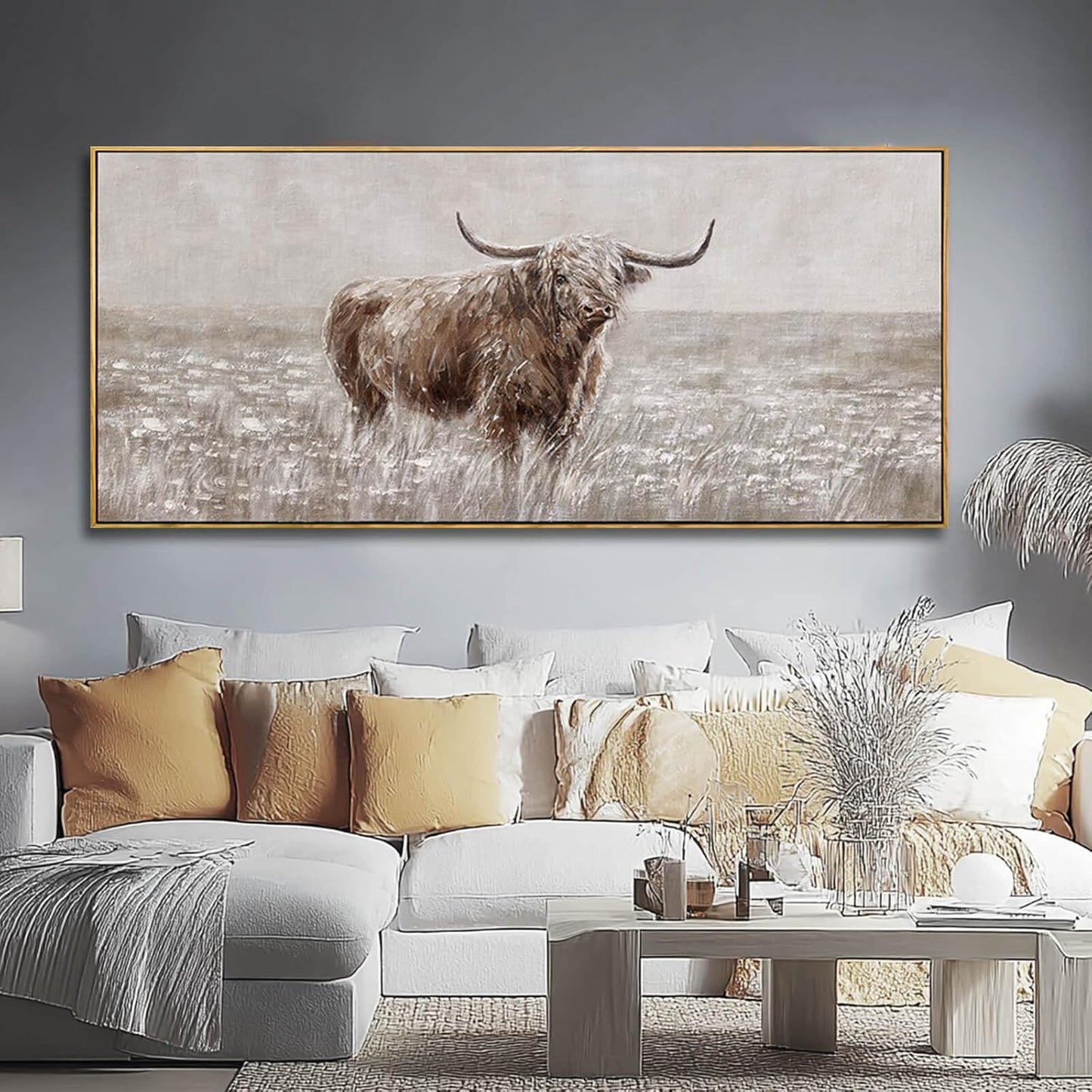 MLART99 Rustic Highland Cow Canvas Vintage Animal Print Brown Ox Wall Art Extra large Artwork- 32x70 Inch Decorative Piece for Country Style Home Decor for Living Room Entryway