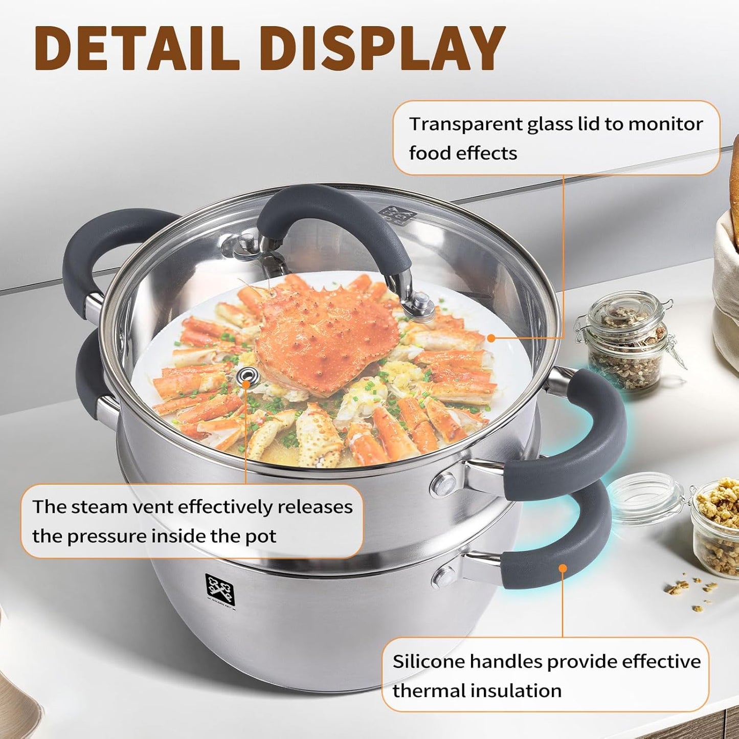 GOLDEN KEY 4.0 QT Steamer for Cooking,Steamer Pots with Vegetable Steam Basket,2-Tier Multipurpose 18/8 Stainless Steel Steaming Pot Cookware for Vegetable,Soup, Food,Dumplings,Oven & Dishwasher Safe