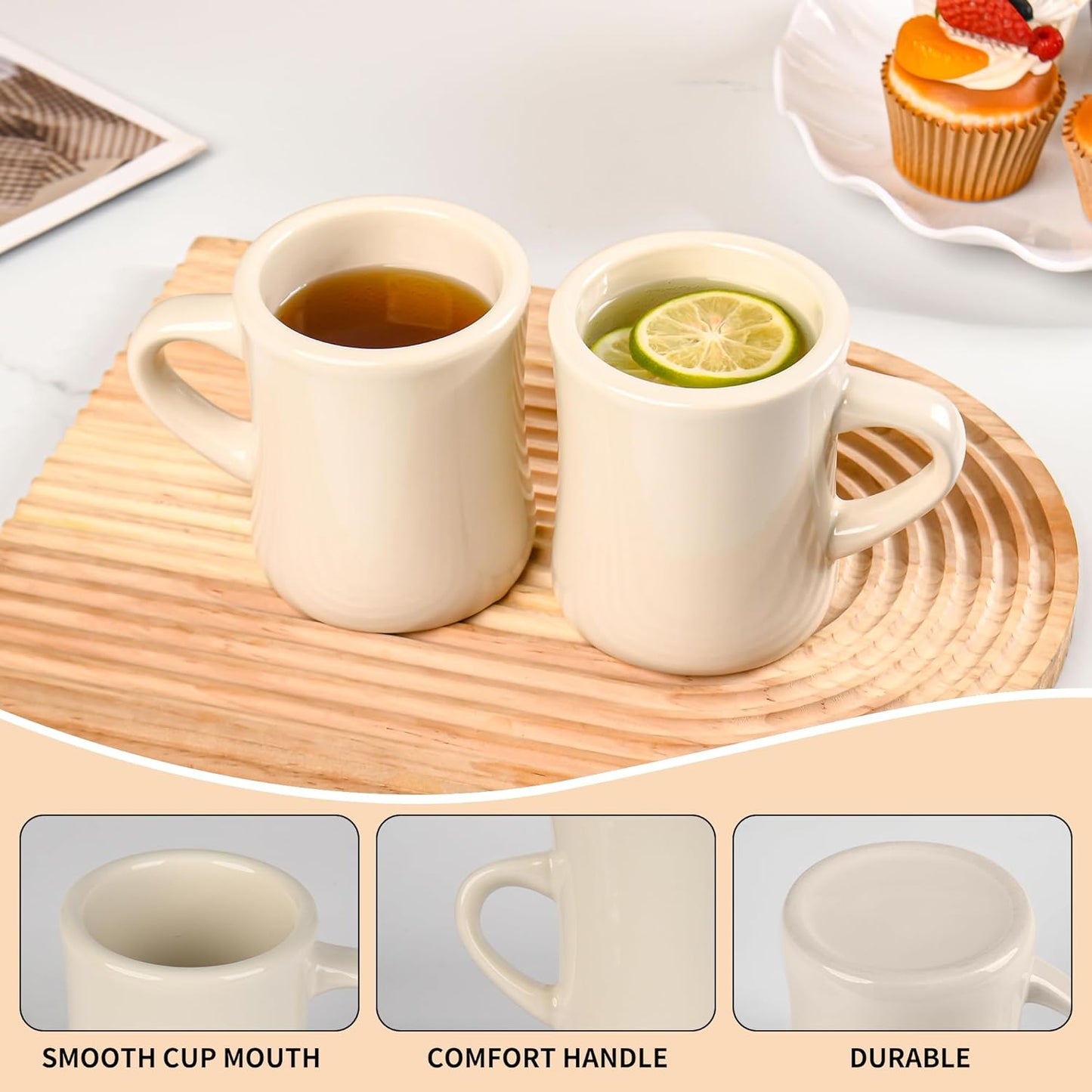 11oz Ceramic Coffee Mug set Stoneware Coffee Cups Set for Restaurant, Diner, Farmhouse, Coffee Shop, Home set of 6 (Cream)