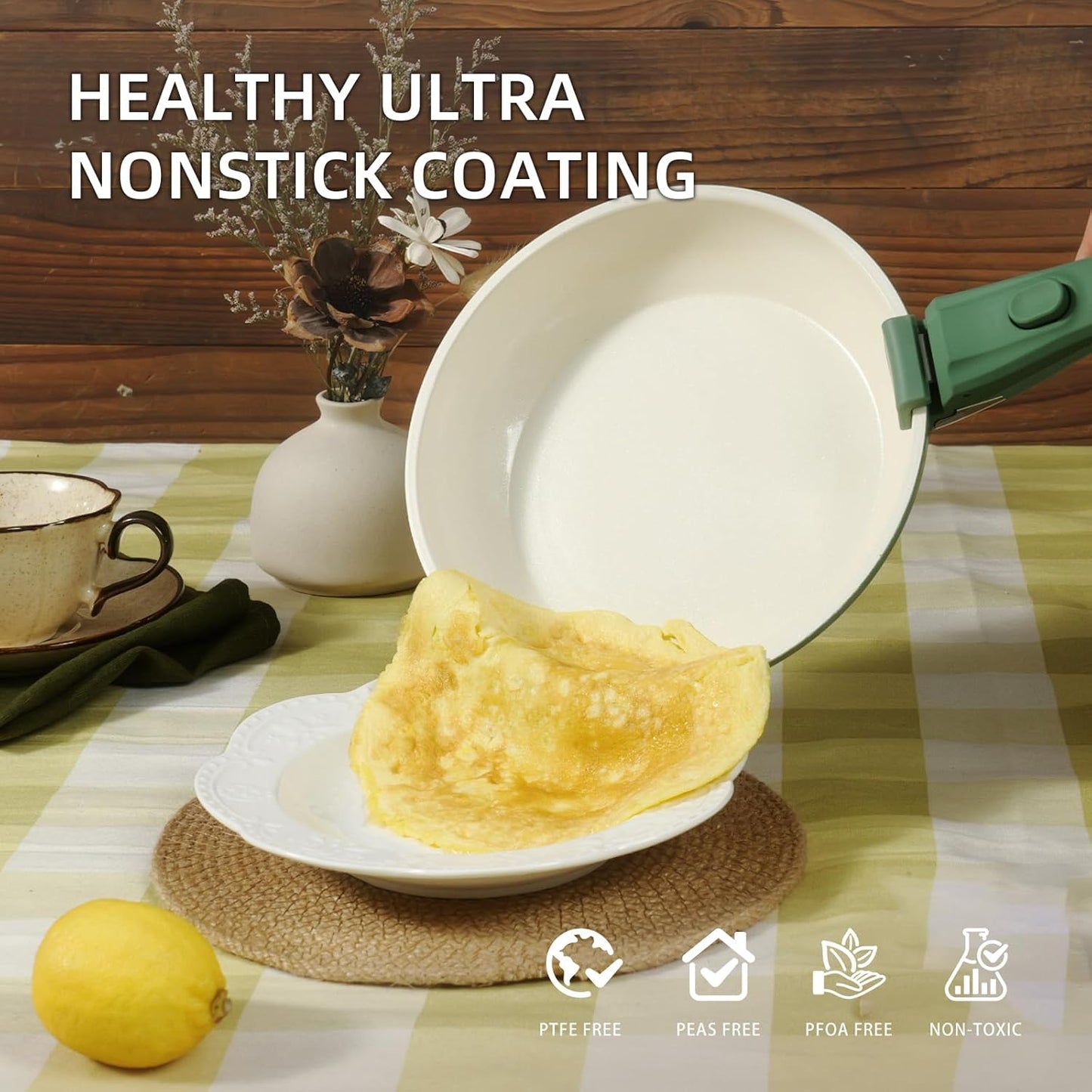 Ceramic Cookware Set Non Stick 8Pcs Pots and Pans Set Removable Handle Induction Kitchen Cookware Set with Frying Pans Oven Safe, Green