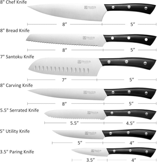 PAUDIN Kitchen Knife Set, 7 Piece Chef Knife Set, High Carbon Stainless Steel Kitchen Knives, Ultra Sharp Knives Set for Kitchen, Precise Cutting, Durable with Ergonomic Handle, Black