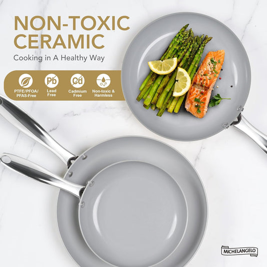 MICHELANGELO Frying Pans Nonstick with Lid - 8 Inch Small Frying Pan, Non Toxic Ceramic Pan with Lid, Non Stick Small Skillet for All Stovetops, Beige