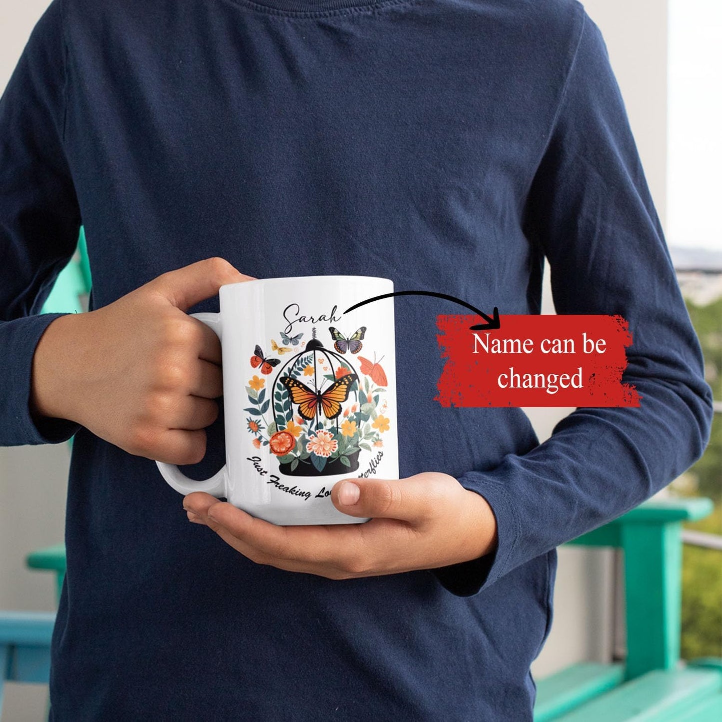 Personalized Name Just Freaking Love Butterflies Travel Mugs, Customized Colorful Butterfly Lovers Ceramic Presents Cups, Custom Great Birthday Animal Tea Cup Gift 11oz 15oz