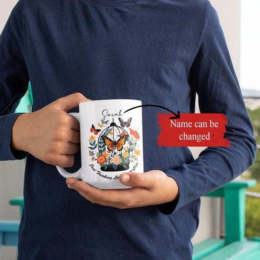 Personalized Name Just Freaking Love Butterflies Travel Mugs, Customized Colorful Butterfly Lovers Ceramic Presents Cups, Custom Great Birthday Animal Tea Cup Gift 11oz 15oz