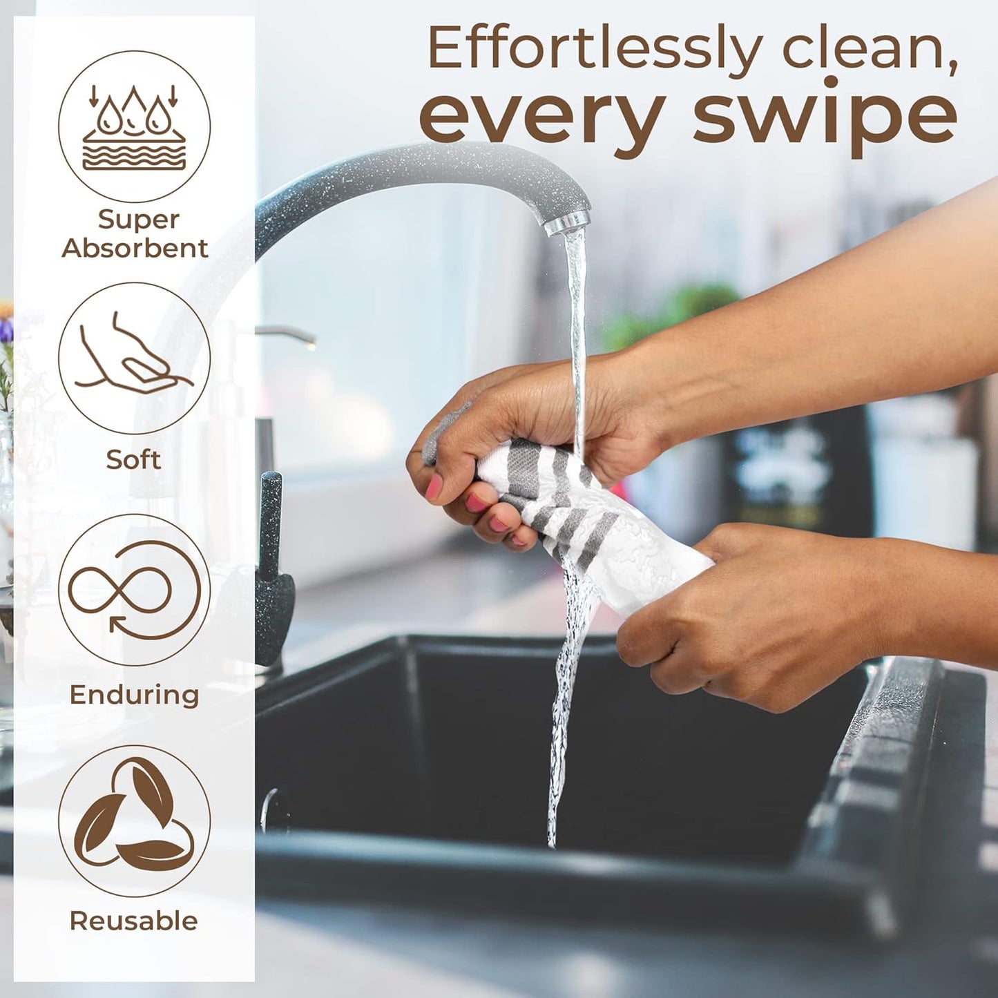 Urban Villa Cotton Dish Cloth Set of 8, Highly Absorbent Super Soft Quick Drying 12x12 Inch Dish Cloths for Kitchen Cleaning & Drying Dishes Mitered Corner Trendy Stripes Kitchen Towels - Grey/White