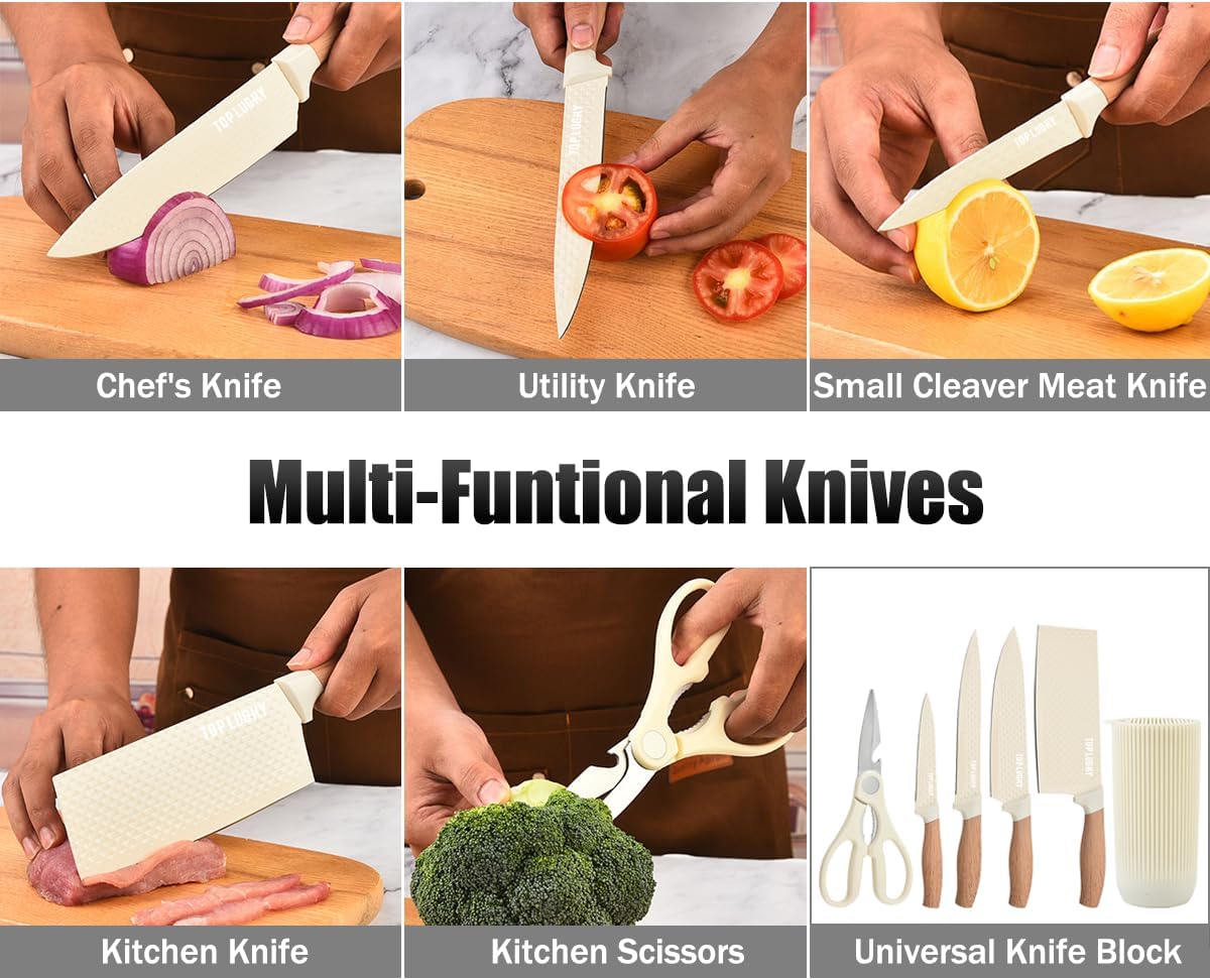 Knife Set, Wiztoynia 6-Piece Beige Kitchen Knife Set for Home, Anti-Rust Non-stick Stainless Steel Sharp Chef Knife Set with Universal Knife Block for Kitchen, Ergonomical Design (Beige)