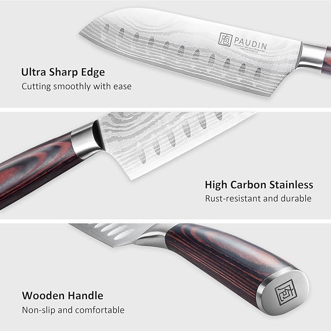 PAUDIN Santoku Knife, Chef Knife 5 inch Ultra Sharp Kitchen Knife, Japanese Chef Knife with Sheath, High Carbon Stainless Steel, Ergonomic Pakkawood Handle