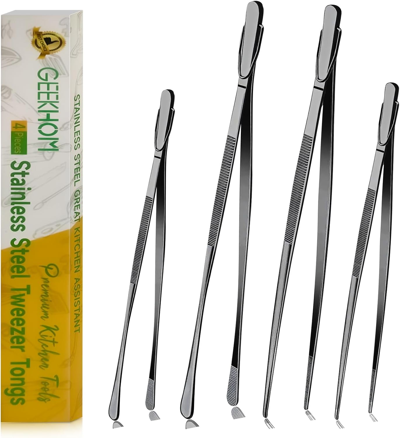GEEKHOM 4 Pcs Kitchen Tweezer Tongs Set, 12 & 10 Inch Black Stainless Steel, Long & Short Food Tweezers for All-Purpose Cooking & BBQ