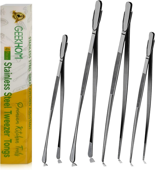 GEEKHOM 4 Pcs Kitchen Tweezer Tongs Set, 12 & 10 Inch Black Stainless Steel, Long & Short Food Tweezers for All-Purpose Cooking & BBQ