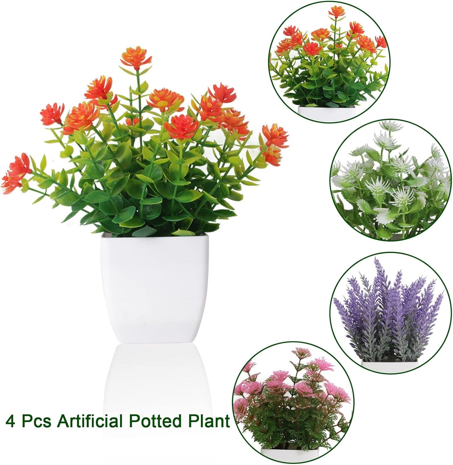 Artificial Potted Flowers 4pcs Fake Small Plant in Pot Mini Faux Plant Door House Office Tabletop Kitchen Colorful Greenery Decor