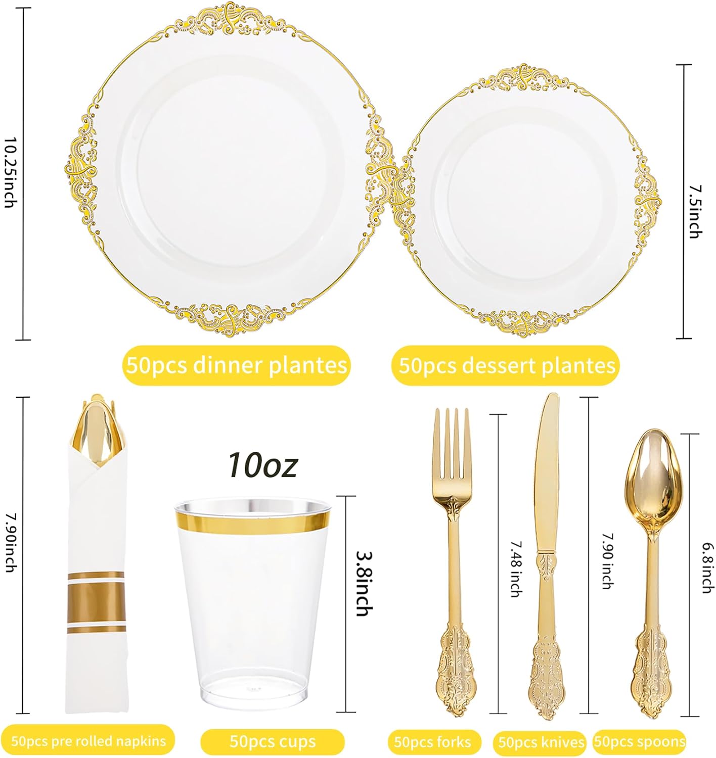 Hioasis 350pcs Clear and Gold Plastic Plates - Elegant Disposable Dinnerware Set Suitable for 50 Guests Include 10.25" Dinner & 7.5" Dessert Plates, Pre Rolled Silverware Set, Cups for Party & Wedding