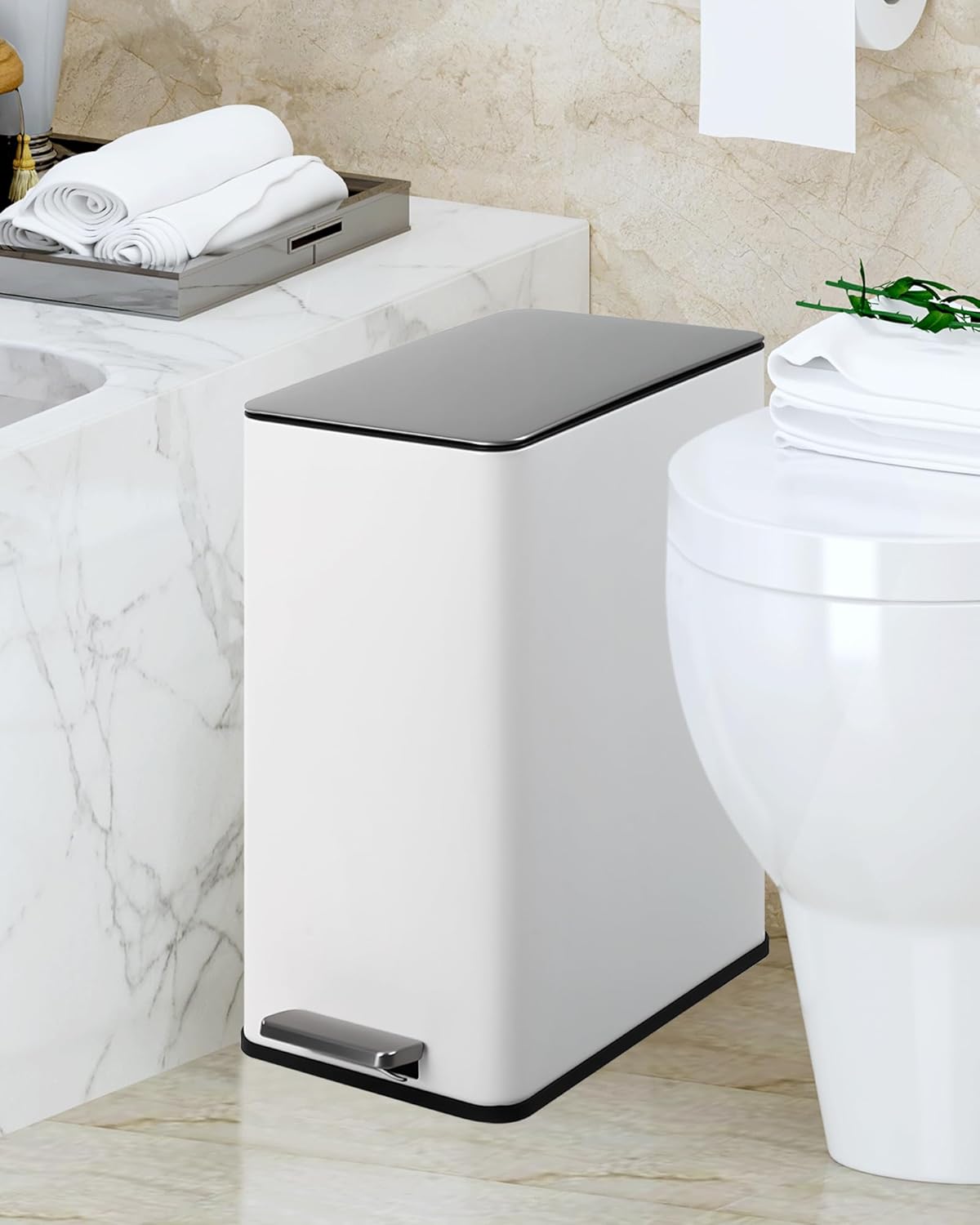 4 Gallon Stainless Steel Trash Can with Soft Close Lid, Step-on Bathroom & Kitchen Garbage Bin, Compact Slim Design with Removable Inner Bucket for Office, Living Room