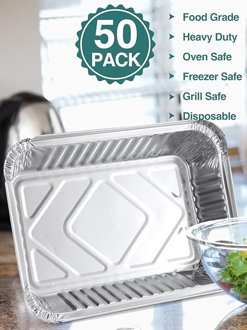 50 Pack 8x6 Disposable Aluminum Pans with Lids Aluminum-Foil-Pans-Tin-Foil-Baking-Pans-Tin-Trays-Food-To-Go-Containers-for-Meal-Prep-Cooking-Roasting-Heating-Takeout
