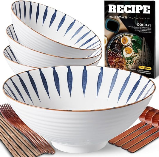 9.4Inch Ceramic Ramen Bowl Set of 4 (17 Piece) - Porcelain Japanese Salad Noodles Cereal Fruit Pasta Soup Large Bowls with Recipes Chopsticks Forks Spoons for Men Women Gift Microwave Dishwasher Safe