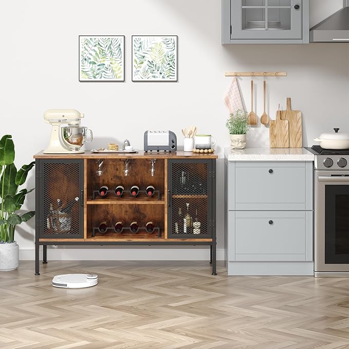 Upgraded Wine Bar Cabinet with Back Panel, Liquor Cabinet with LED Lights & Power Outlets, Adjustable Shelves, Glass Holders & Storage, Coffee Station for Kitchen/Home, Rustic Brown