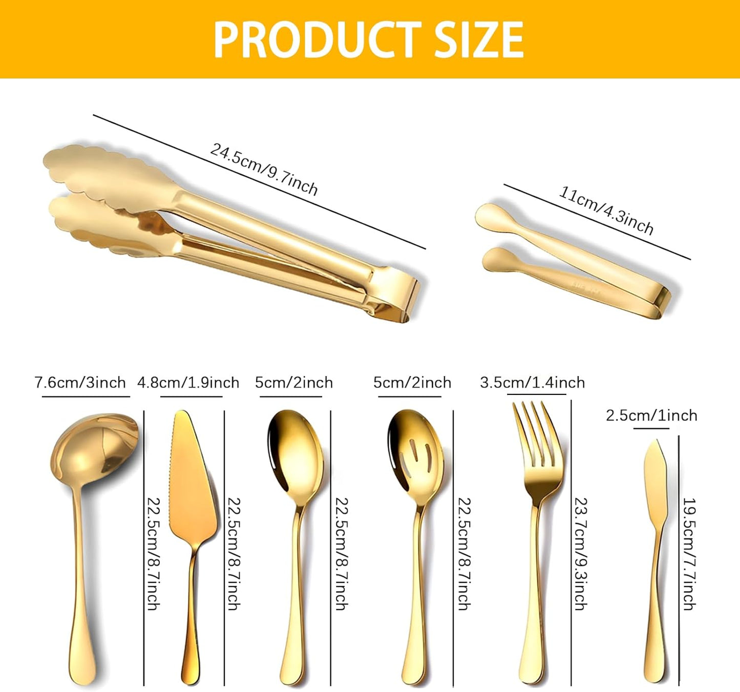 13 Piece Gold Large Serving Utensils, Stainless Steel Include Serving Spoons, Slotted Spoons, Forks, Serving Tongs, Soup Ladle, Pie Cake Server, Appetizers Tongs. Ideal for Buffets/Parties/Wedding