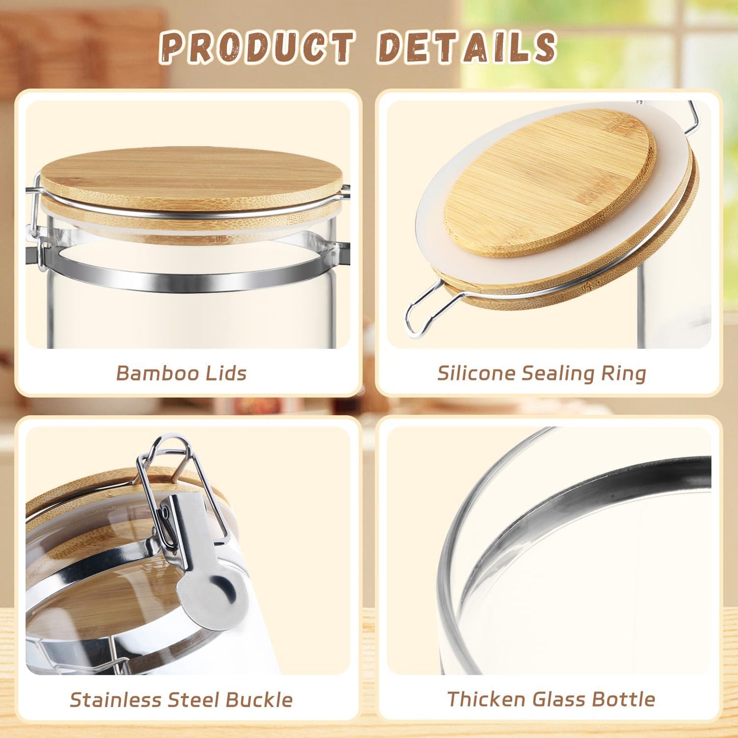 Set Of 2 Glass Jar With Bamboo Lids Empty Food Storage Jars With Locking Clamp Kitchen Canisters Glass Sealed Jar Container For Coffee Beans Sugar Tea Spices And More (1250ml/41.7oz)