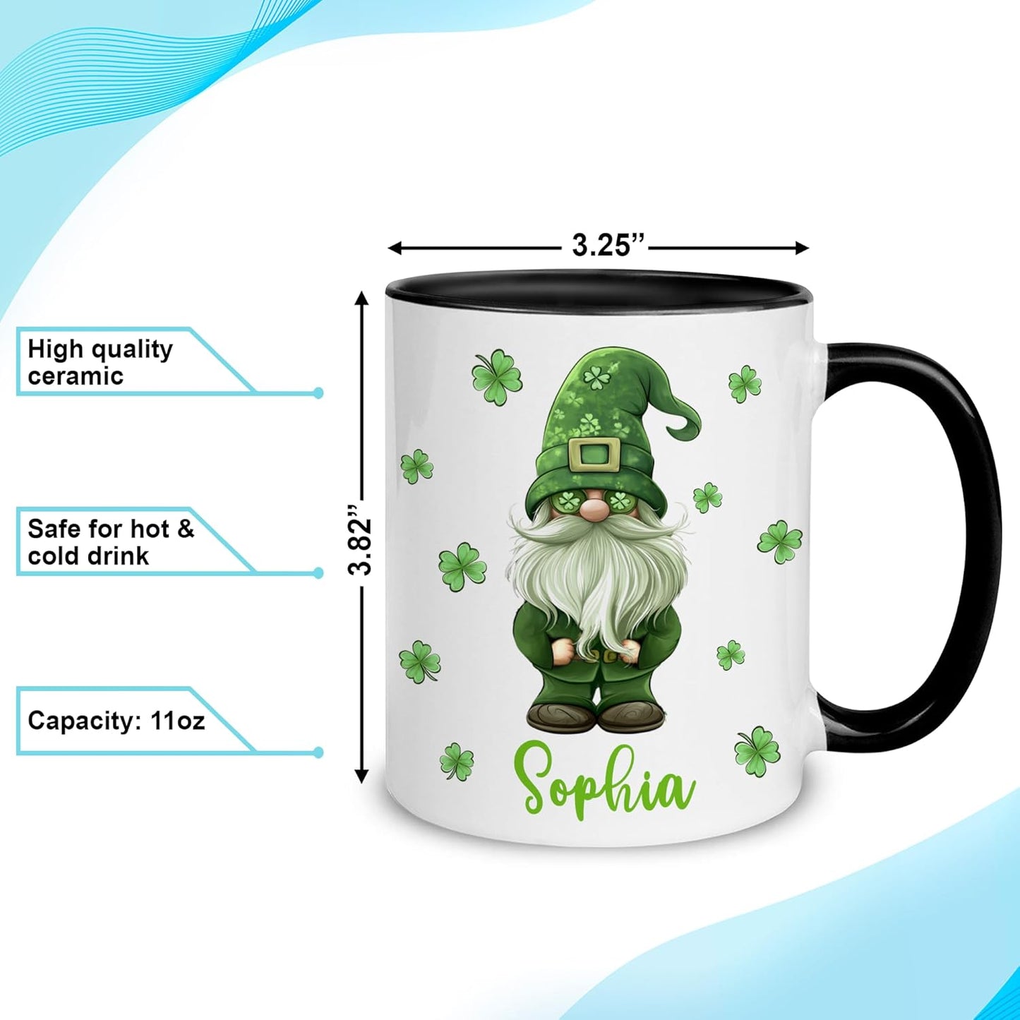 Hyturtle Personalized Gnome Mug - Cute Gnome Gift For Women - Lucky Gift For Gnome Lover - Gnome St. Patricks Day Decorations - Gnome Gifts - Custom Name Coffee Cup Ceramic Mug 11oz 15oz