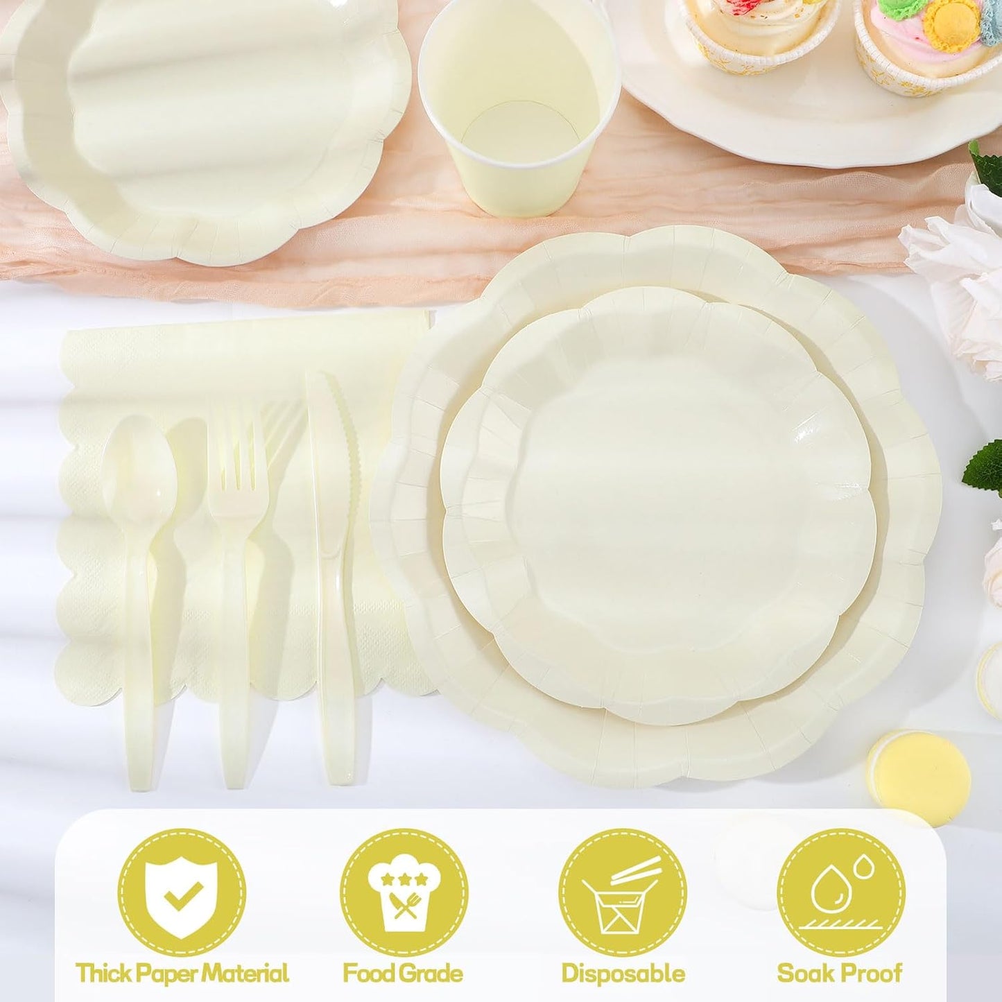 175 Pcs Thanksgiving Ivory Plates and Napkins Set, 25 Guest Cream Party Supplies Include Beige Scalloped Plate Paper Napkin Cup Fork Knives Disposable Plastic Cutlery for Wedding Baby Shower