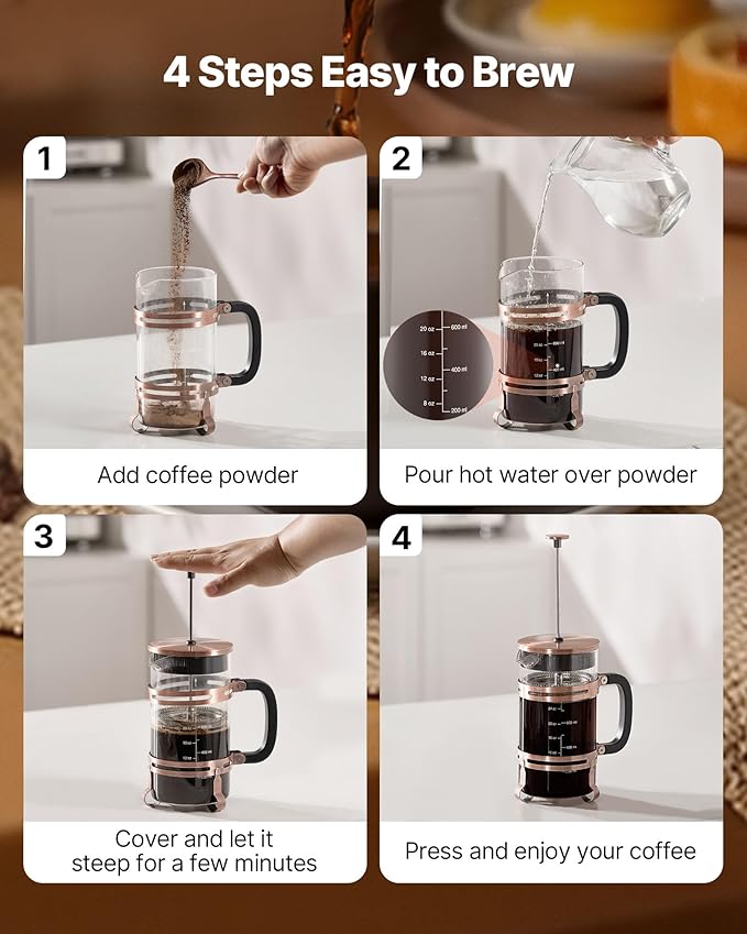 VEVOR French Press Coffee Maker, 34 Ounce 1 Liter Borosilicate Glass Coffee Press Tea Maker with Stainless Steel Filter, Large Glass French Presses Cold Brew for Camping Travel Home Kitchen, Copper