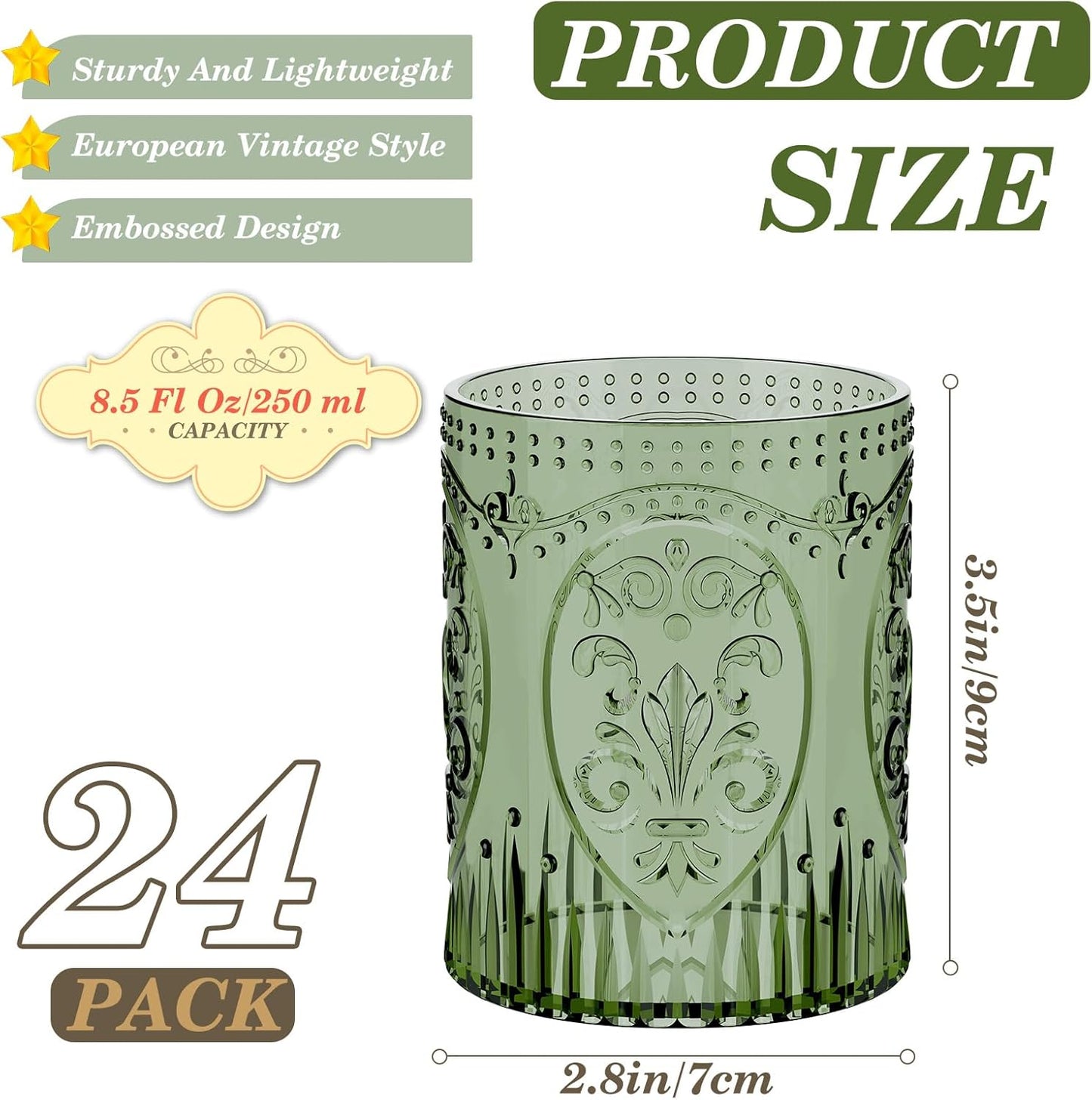 24 Plastic Vintage Drinking Glasses 8.5oz Stemless Retro Embossed Wine Glasses Shatterproof Reusable Cups for Baby Shower Wedding Reception Grand Event Party (Dark Green)