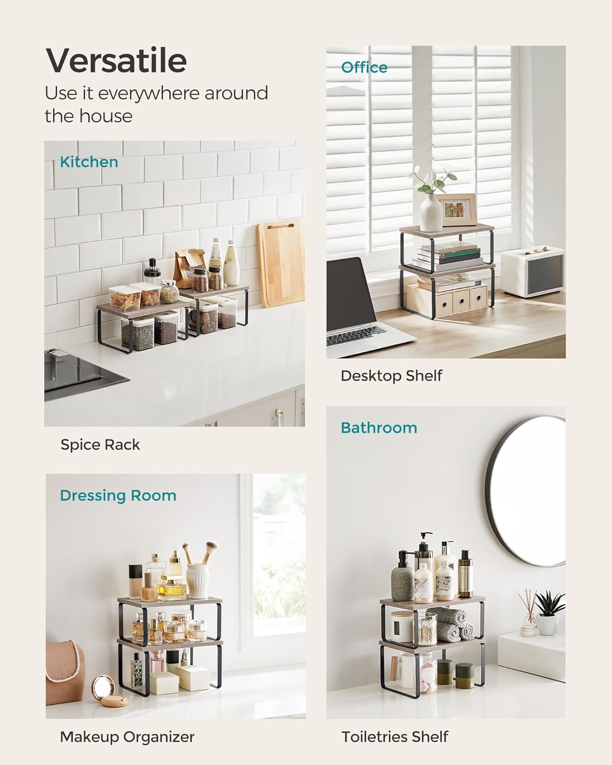 SONGMICS Cabinet Organizer Shelf, Set of 4 Kitchen Counter Shelves, Kitchen Storage, Spice Rack, Stackable, Expandable, Metal and Engineered Wood, Ink Black and Heather Greige UKCS021X02