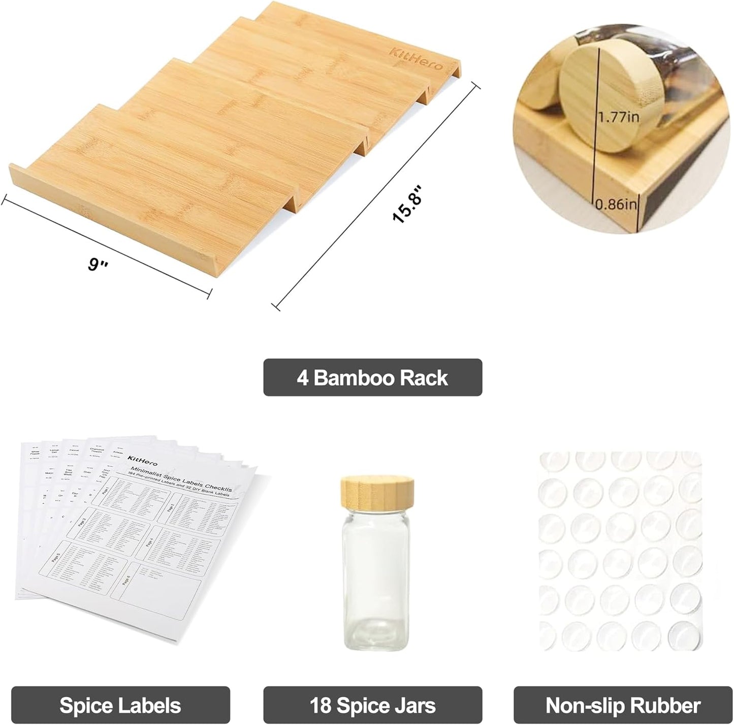 Spice Drawer Organizer with 18 Bamboo-lidded Spice Jars,216 Labels,50 Non-slip Rubber, Bamboo 4 Tier Seasoning Rack Tray Insert for Kitchen Drawers,Cabinets,Countertop,9" Wide x 15.8" Deep