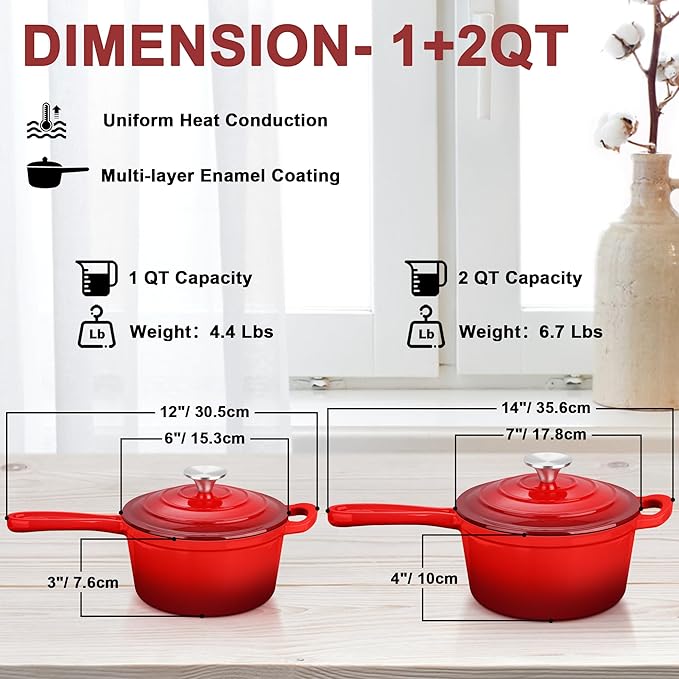 Enameled Cast Iron Sauce Pan, Leonyo 1 Qt & 2 Qt Saucepan Set, Cast Iron Dutch Oven Kitchen Small Pots for All Cooktops Cooking Pasta, Milk, Oatmeal - Up to 500°F & Nonstick, Red