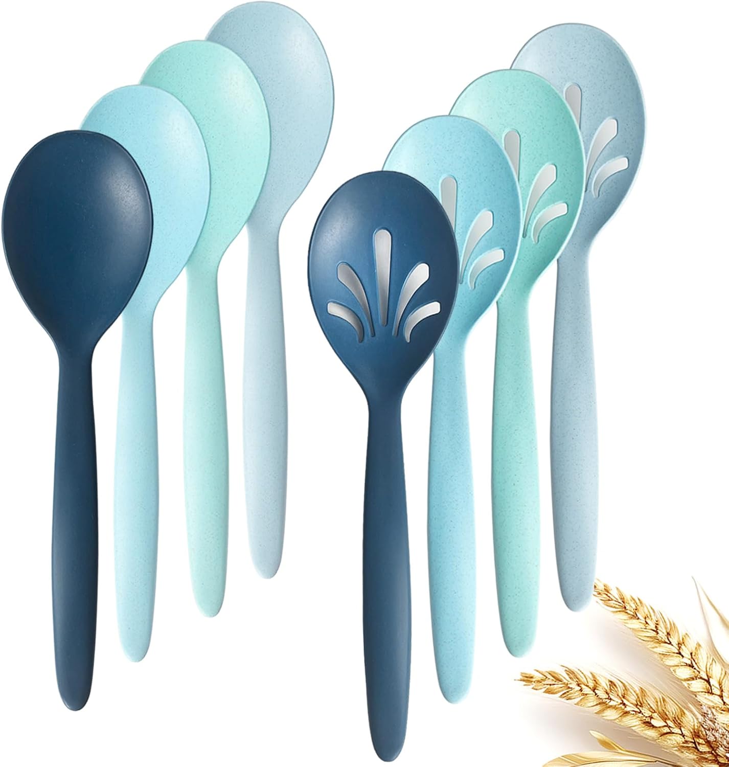8 Pack 10" Large Reusable Plastic Wheat Straw Serving Spoon Set, 4 Serving Spoons & 4 Slotted Spoons, Kitchen Mixing Serving Spoon for Buffet Chafing Dish Catering (Ocean, Not for Cooking)