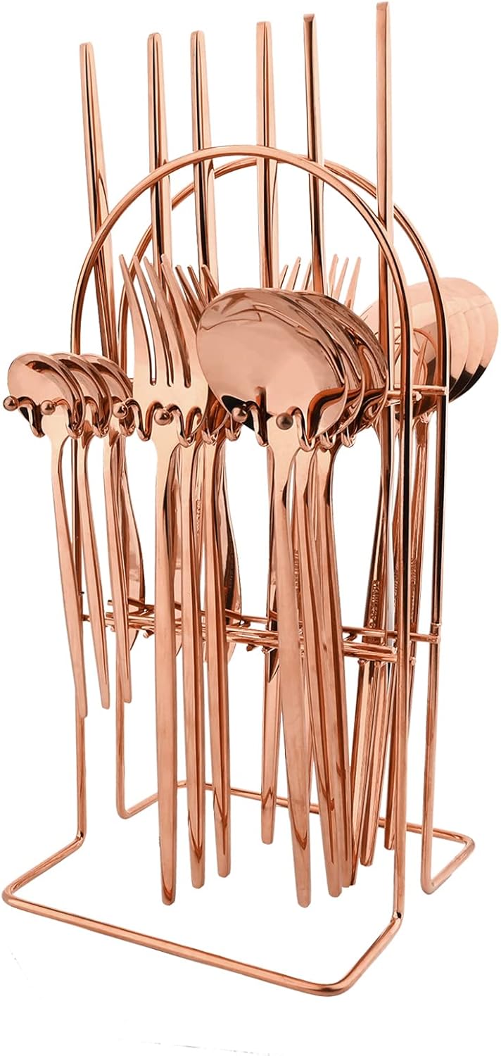 24-Piece Mirror Rose Gold Cutlery Set, Snplowum Stainless Steel Flatware Hanging Tableware Silverware Set Include Knife/Fork/Spoon/Teaspoon and Storage Rack For Daily Use, Service For 6