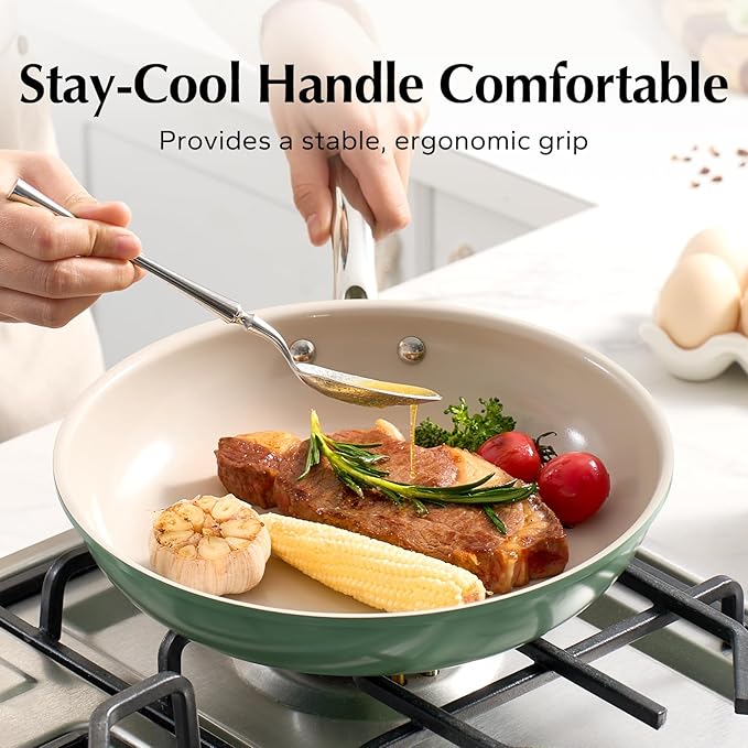 Redchef Non Stick Ceramic Frying Pan Set, Non Toxic Ceramic Pans for Cooking, 8" 9.5" 11" Skillet Set, No PFAS & PTFE & PFOA with Stainless Steel Handle, Dishwasher & Oven Safe Max up to 842°F (Green)