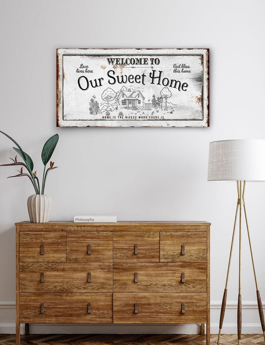 IPIC - Our Sweet Home Vintage Family Sign, Rustic Farmhouse Style Canvas Wall Art for Entryway or Living Room, Wall Decor for Home or Bedroom, Ready to Hang